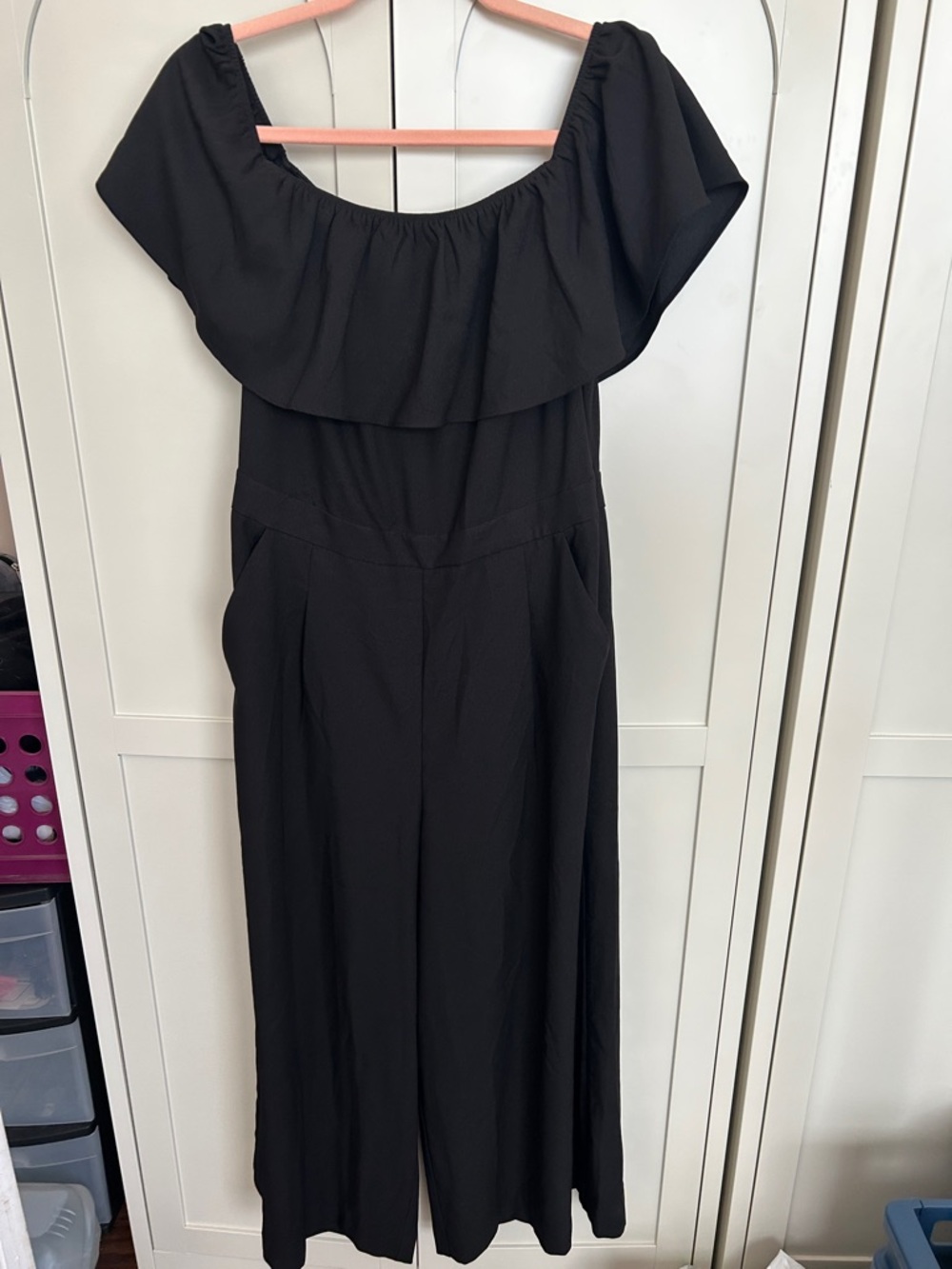 Banana Republic Black Off-Shoulder Jumpsuit with Ruffle Neckline